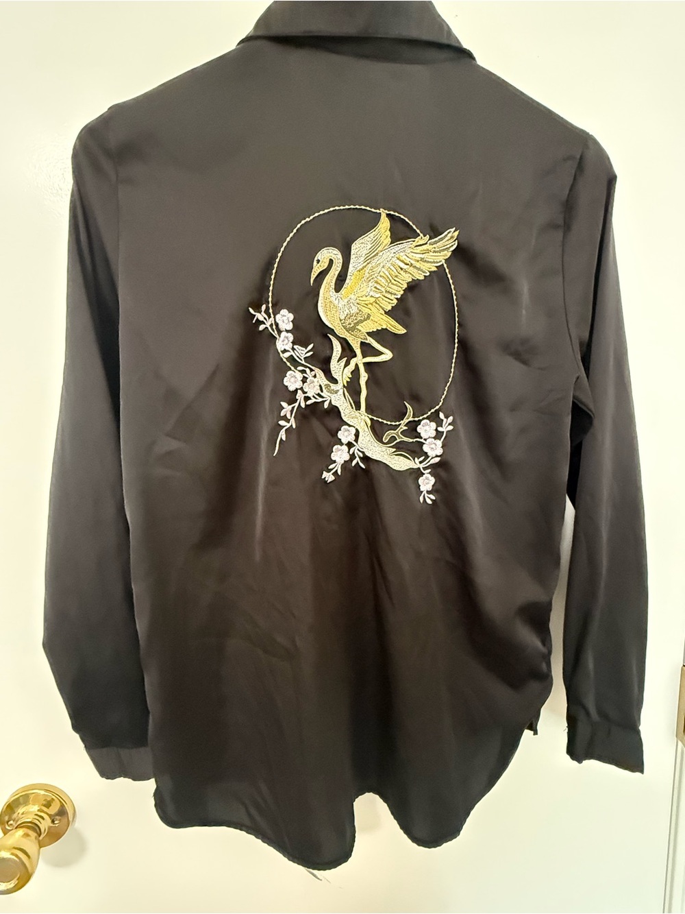 Vintage Black Embroidered Crane Women’s Long Sleeve Button Down Shirt